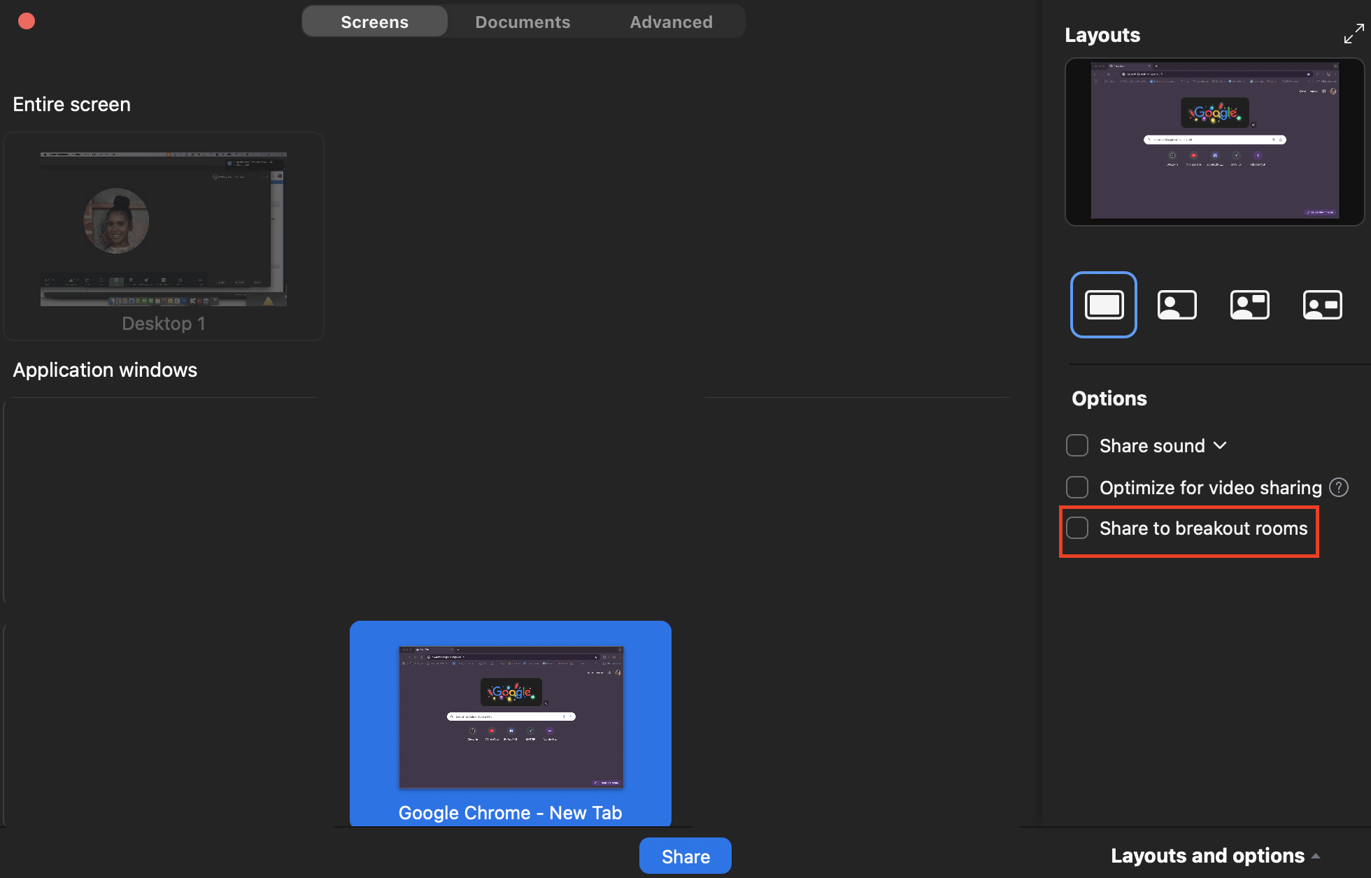 Screen Sharing into Breakout Rooms